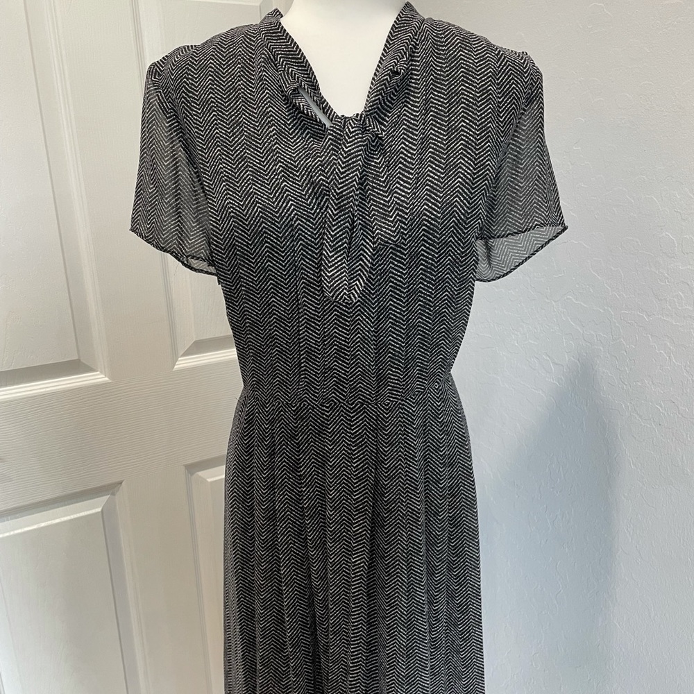 Herringbone Tie Neck Midi Dress